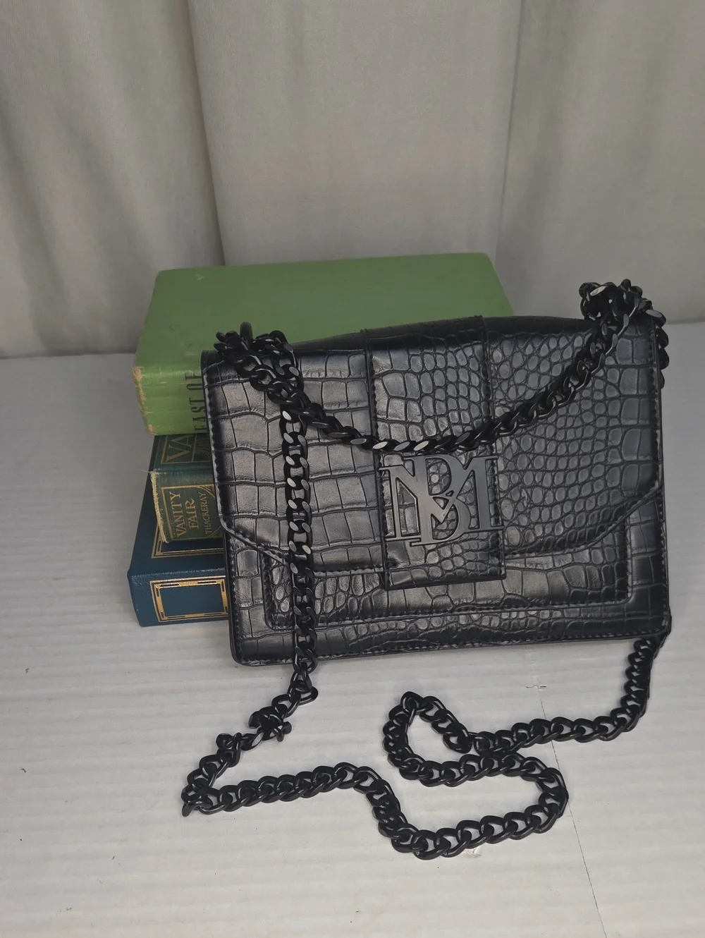 Badgely Mischka Black Vegan Croc-Embossed Chain Shoulder Bag